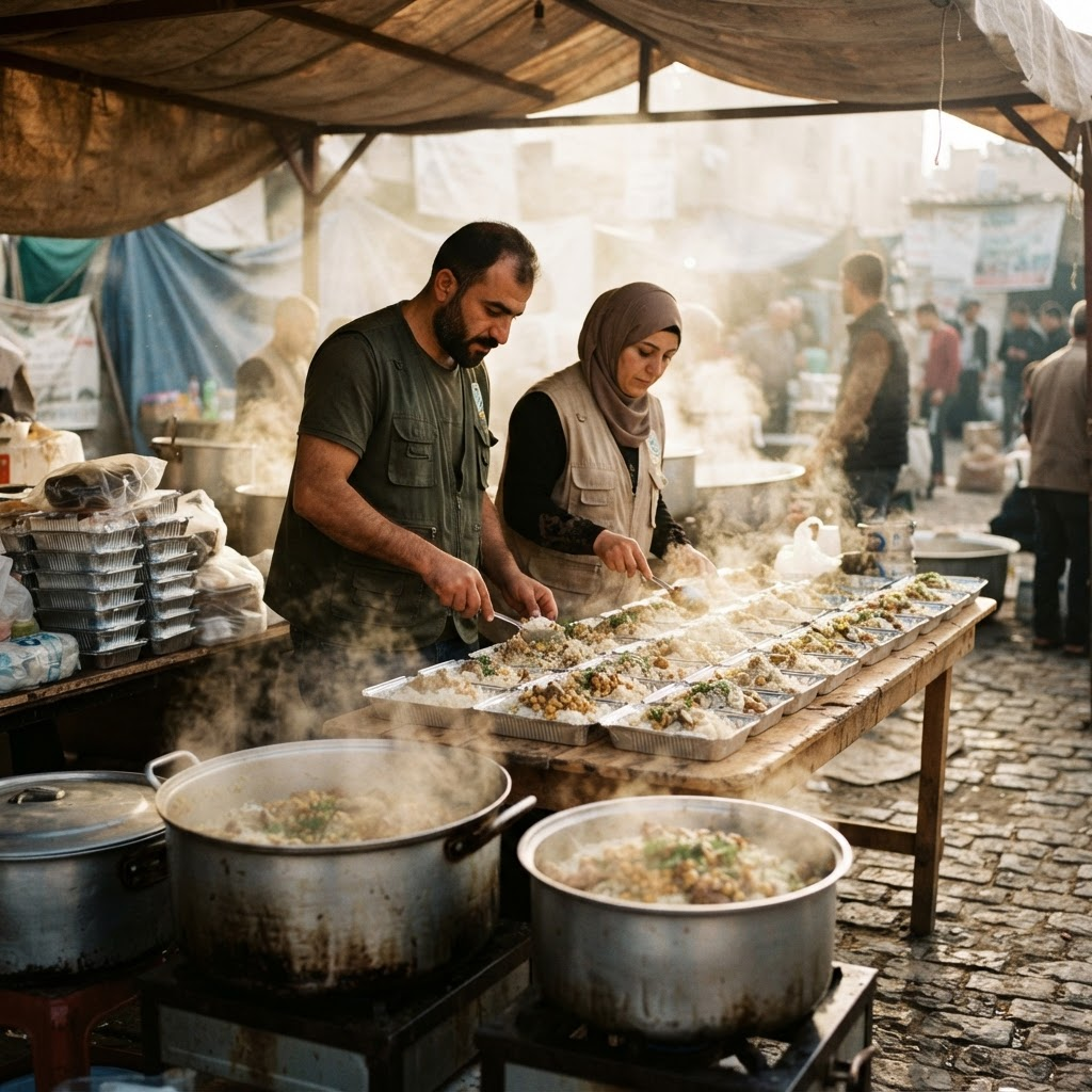 Aid workers preparing hot meals for families in Palestine